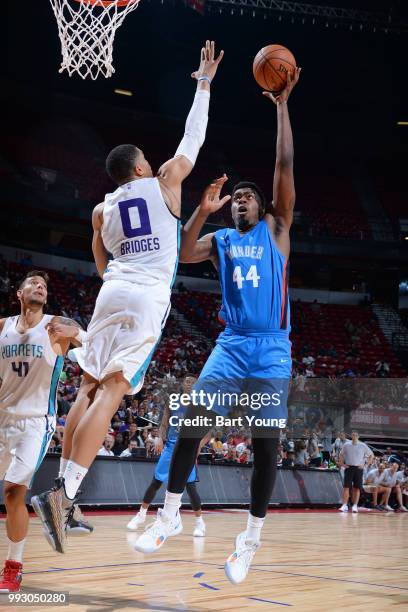 Dakari Johnson of the Oklahoma City Thunder shoots the ball against the Charlotte Hornets during the 2018 Las Vegas Summer League on July 6, 2018 at...