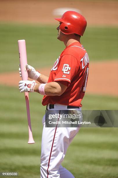 Ryan ZImmerman of the Washington Nationals takes a swing during a baseball game against the Florida Marlins on May 9, 2010 at Nationals Park in...