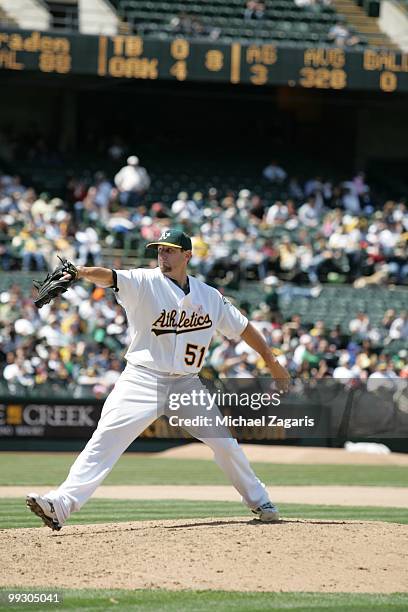 Dallas Braden of the Oakland Athletics pitching during the game against the Tampa Bay Rays at the Oakland Coliseum on May 9, 2010 in Oakland,...