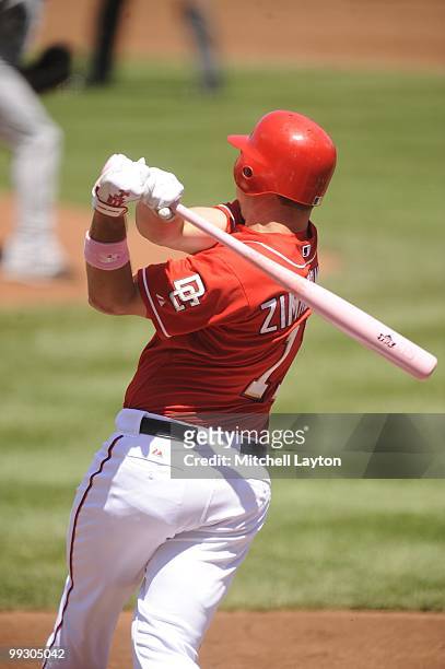 Ryan ZImmerman of the Washington Nationals takes a swing during a baseball game against the Florida Marlins on May 9, 2010 at Nationals Park in...