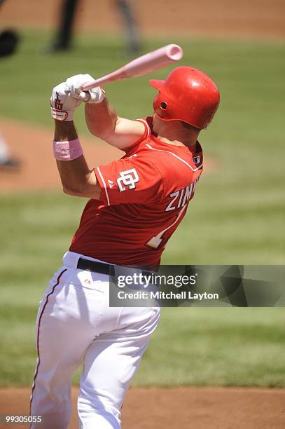 Ryan ZImmerman of the Washington Nationals takes a swing during a baseball game against the Florida Marlins on May 9, 2010 at Nationals Park in...