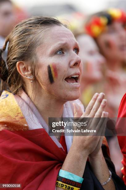 Belgian soccer fans react during FIFA WC 2018 Belgium vs Brasil at Tournai Fan Zone on July 6, 2018 in Tournai, Belgium.