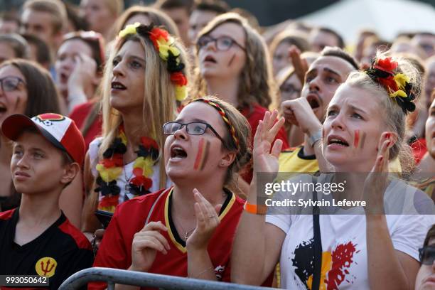 Belgian soccer fans react during FIFA WC 2018 Belgium vs Brasil at Tournai Fan Zone on July 6, 2018 in Tournai, Belgium.