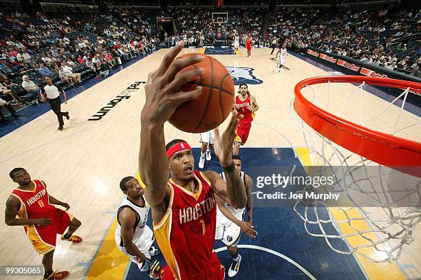 Trevor Ariza of the Houston Rockets puts a shot up against the Memphis Grizzlies during the game at the FedExForum on April 6, 2010 in Memphis,...