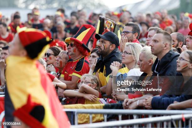 Belgian soccer fans attend FIFA WC 2018 Belgium vs Brasil at Tournai Fan Zone on July 6, 2018 in Tournai, Belgium.
