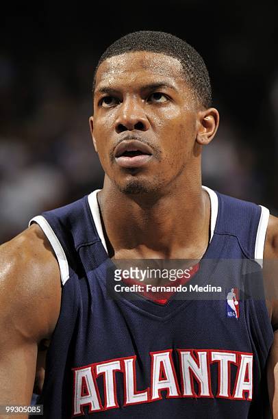 Joe Johnson of the Atlanta Hawks looks on in Game Two of the Eastern Conference Semifinals against the Orlando Magic during the 2010 NBA Playoffs at...