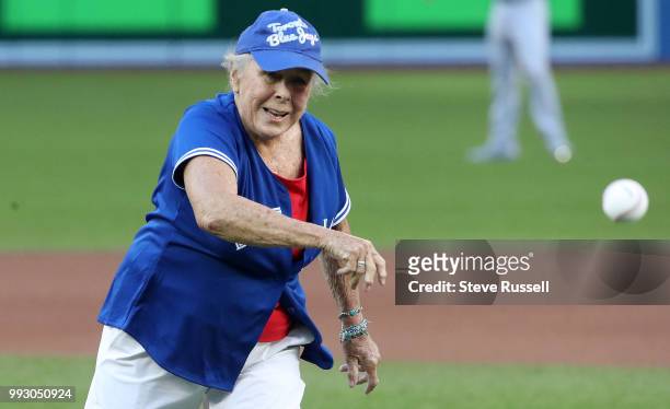 Toronto Blue Jays manager John Gibbons mother Sally throws out the first pitch before the game as theToronto Blue Jays play the New York Yankees at...