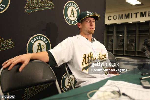 Dallas Braden of the Oakland Athletics during the post game news conference after pitching a perfect game against the Tampa Bay Rays at the Oakland...