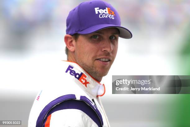 Denny Hamlin, driver of the FexEx Cares Toyota, during qualifying for the Monster Energy NASCAR Cup Series Coke Zero Sugar 400 at Daytona...