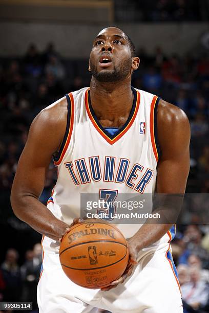 White of the Oklahoma City Thunder looks to make a free throw against the New Orleans Hornets during the game at Ford Center on March 10, 2010 in...