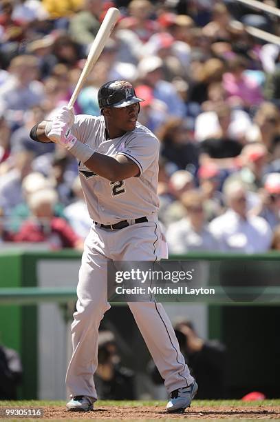 Hanley Ramirez of the Florida Marlins prepares to take a swing during a baseball game against the Washington Nationals on May 9, 2010 at Nationals...