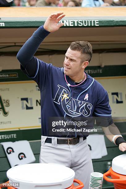 Evan Longoria of the Tampa Bay Rays standing in the dugout prior to the game against the Oakland Athletics at the Oakland Coliseum on May 9, 2010 in...