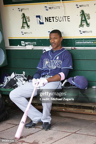 Upton of the Tampa Bay Rays sitting in the dugout prior to the game against the Oakland Athletics at the Oakland Coliseum on May 9, 2010 in Oakland,...