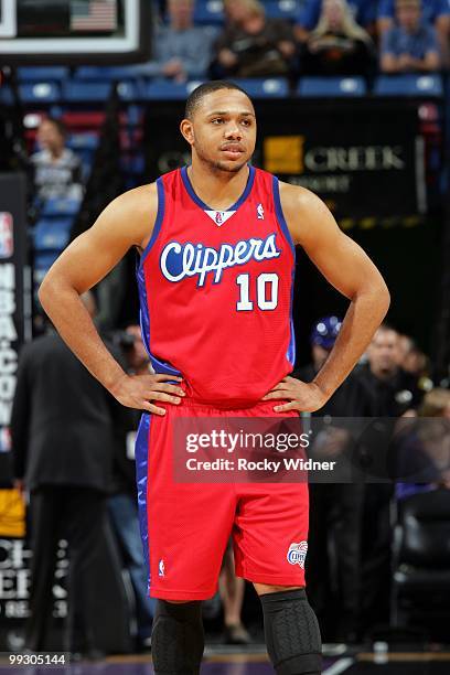 Eric Gordon of the Los Angeles Clippers looks on during the game against the Sacramento Kings at Arco Arena on April 8, 2010 in Sacramento,...