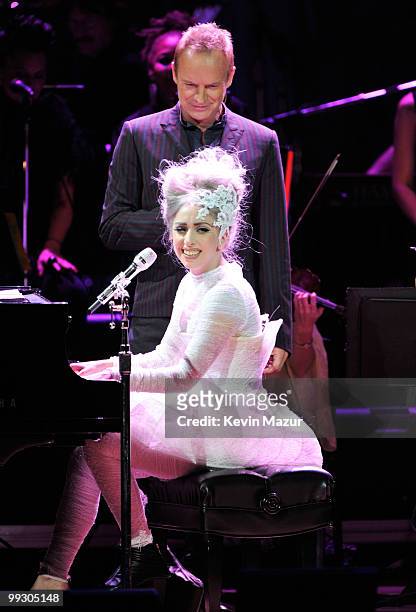 Lady Gaga and Sting perform on stage during the Almay concert to celebrate the Rainforest Fund's 21st birthday at Carnegie Hall on May 13, 2010 in...