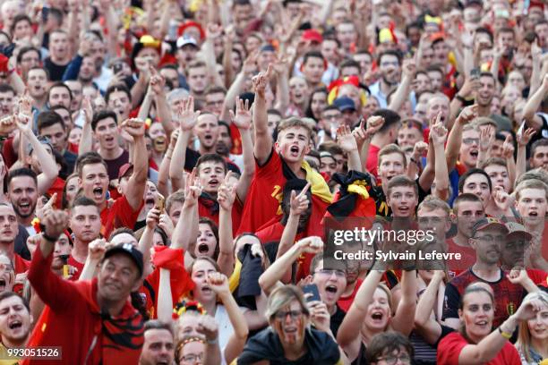 Belgian soccer fans react during FIFA WC 2018 Belgium vs Brasil at Tournai Fan Zone on July 6, 2018 in Tournai, Belgium.