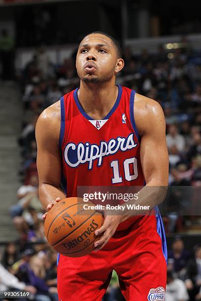 Eric Gordon of the Los Angeles Clippers shoots a free throw during the game against the Sacramento Kings at Arco Arena on April 8, 2010 in...