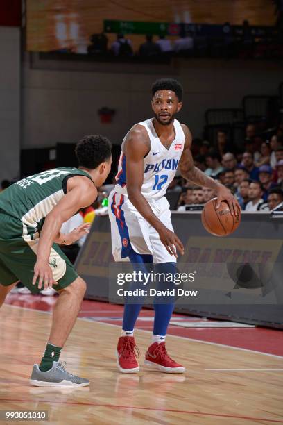 Larry Drew II of the Detroit Pistons handles the ball against the Milwaukee Bucks during the 2018 Las Vegas Summer League on July 6, 2018 at the Cox...