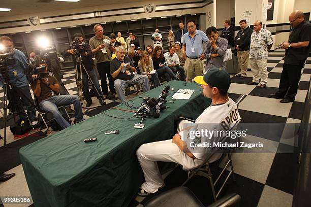 Dallas Braden of the Oakland Athletics during the post game news conference after pitching a perfect game against the Tampa Bay Rays at the Oakland...