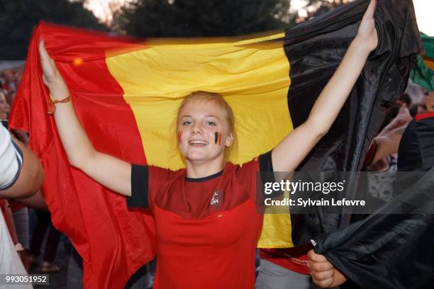 Belgian soccer fan celebrates winning of Belgium National team "Les Diables Rouges" during FIFA WC 2018 Belgium vs Brasil at Tournai Fan Zone on July...
