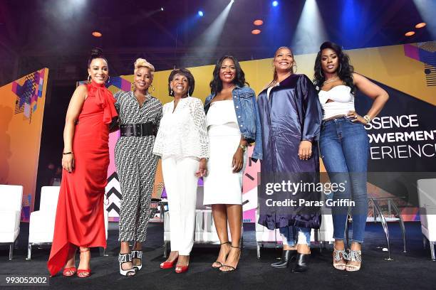 Angela Rye, Mary J. Blige, Maxine Waters, Alencia Johnson, Queen Latifah and Remy Ma pose onstage during the 2018 Essence Festival presented by...