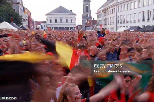 Belgian soccer fans celebrate winning of Belgium National team "Les Diables Rouges" during FIFA WC 2018 Belgium vs Brasil at Tournai Fan Zone on July...