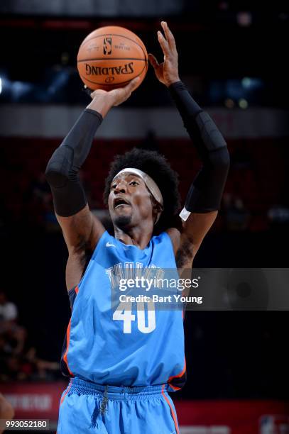 Rashawn Thomas of the Oklahoma City Thunder shoots a free throw against the Charlotte Hornets during the 2018 Las Vegas Summer League on July 6, 2018...