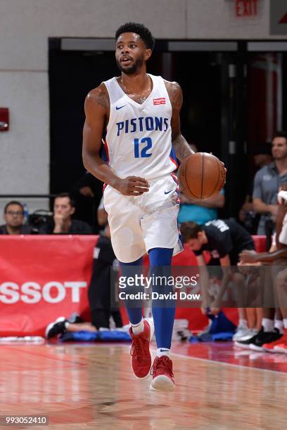 Larry Drew II of the Detroit Pistons handles the ball against the Milwaukee Bucks during the 2018 Las Vegas Summer League on July 6, 2018 at the Cox...