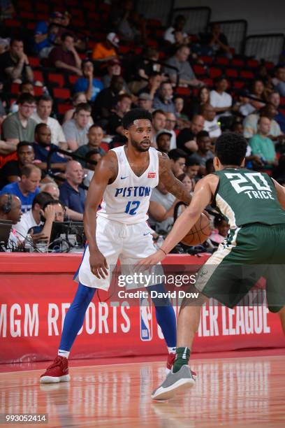 Larry Drew II of the Detroit Pistons handles the ball against the Milwaukee Bucks during the 2018 Las Vegas Summer League on July 6, 2018 at the Cox...