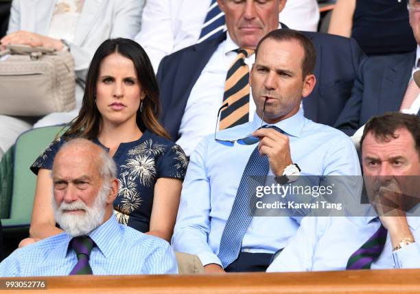 Sergio Garcia and wife Angela Akins Garcia attend day five of the Wimbledon Tennis Championships at the All England Lawn Tennis and Croquet Club on...