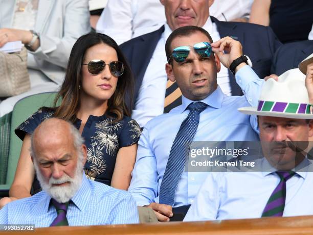 Sergio Garcia and wife Angela Akins Garcia attend day five of the Wimbledon Tennis Championships at the All England Lawn Tennis and Croquet Club on...