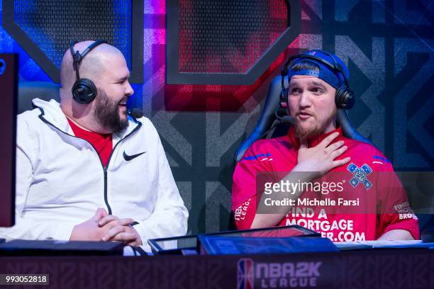 Scott Cole speaks to Lets Get It Ramo of Pistons Gaming Team after the game against Kings Guard Gaming on July 6, 2018 at the NBA 2K League Studio...
