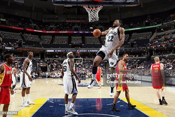 Rudy Gay of the Memphis Grizzlies rebounds against the Houston Rockets during the game at the FedExForum on April 6, 2010 in Memphis, Tennessee. The...