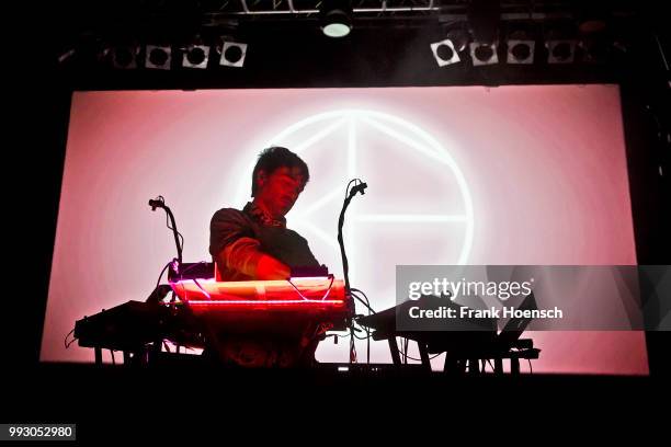 Simon Mejia of the Colombian band Bomba Estereo performs live on stage during a concert at the Huxleys on July 6, 2018 in Berlin, Germany.