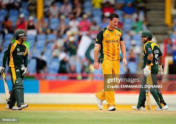 Australian bowler Shaun Tait reacts after Pakistani batsmen Salaman Butt and Kamran Akmal scored a boundary during the ICC World Twenty20 second...