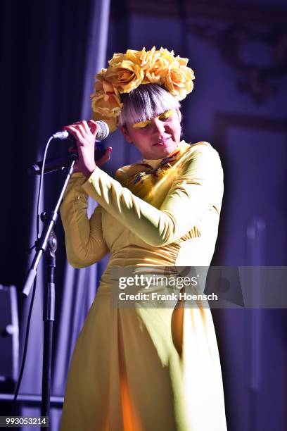 Singer Li Saumet of the Colombian band Bomba Estereo performs live on stage during a concert at the Huxleys on July 6, 2018 in Berlin, Germany.