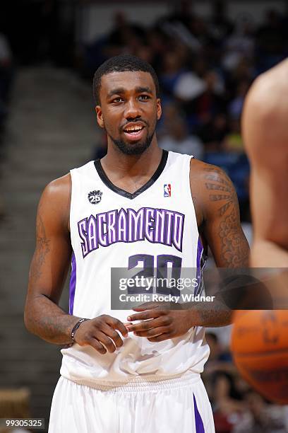Donte Greene of the Sacramento Kings looks on during the game against the Los Angeles Clippers at Arco Arena on April 8, 2010 in Sacramento,...