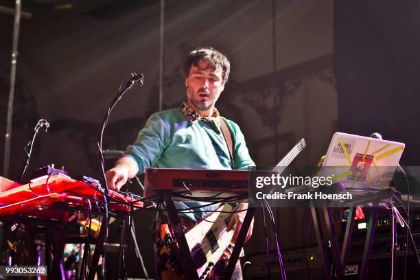 Simon Mejia of the Colombian band Bomba Estereo performs live on stage during a concert at the Huxleys on July 6, 2018 in Berlin, Germany.