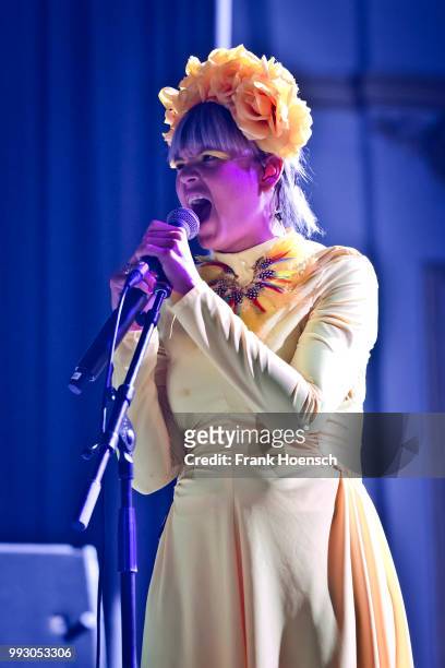 Singer Li Saumet of the Colombian band Bomba Estereo performs live on stage during a concert at the Huxleys on July 6, 2018 in Berlin, Germany.