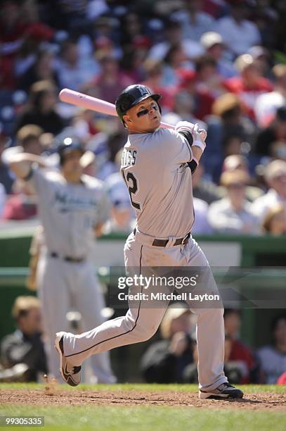 Cody Ross of the Florida Marlins takes a swing during a baseball game against the Washington Nationals on May 9, 2010 at Nationals Park in...