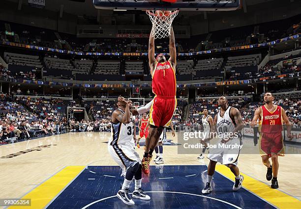 Trevor Ariza of the Houston Rockets puts a shot up against Darrell Arthur of the Memphis Grizzlies during the game at the FedExForum on April 6, 2010...