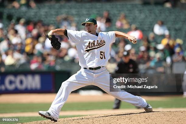 Dallas Braden of the Oakland Athletics pitching during the game against the Tampa Bay Rays at the Oakland Coliseum on May 9, 2010 in Oakland,...