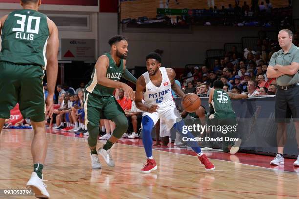 Larry Drew II of the Detroit Pistons handles the ball against the Milwaukee Bucks during the 2018 Las Vegas Summer League on July 6, 2018 at the Cox...