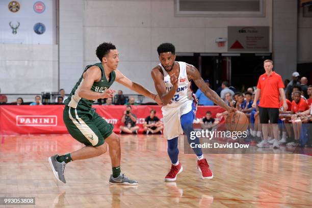 Larry Drew II of the Detroit Pistons handles the ball against the Milwaukee Bucks during the 2018 Las Vegas Summer League on July 6, 2018 at the Cox...