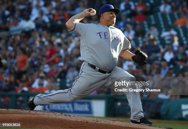 Bartolo Colon of the Texas Rangers throws a first inning pitch while playing the Detroit Tigers at Comerica Park on July 6, 2018 in Detroit, Michigan.