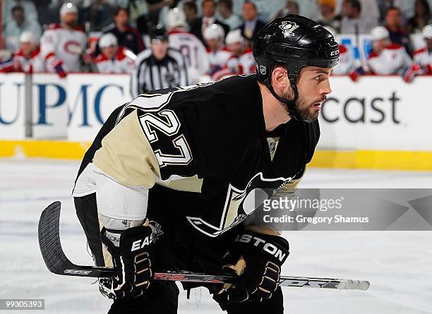Craig Adams of the Pittsburgh Penguins skates against the Montreal Canadiens in Game Seven of the Eastern Conference Semifinals during the 2010 NHL...