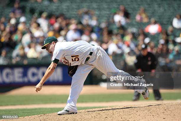 Dallas Braden of the Oakland Athletics pitching during the game against the Tampa Bay Rays at the Oakland Coliseum on May 9, 2010 in Oakland,...