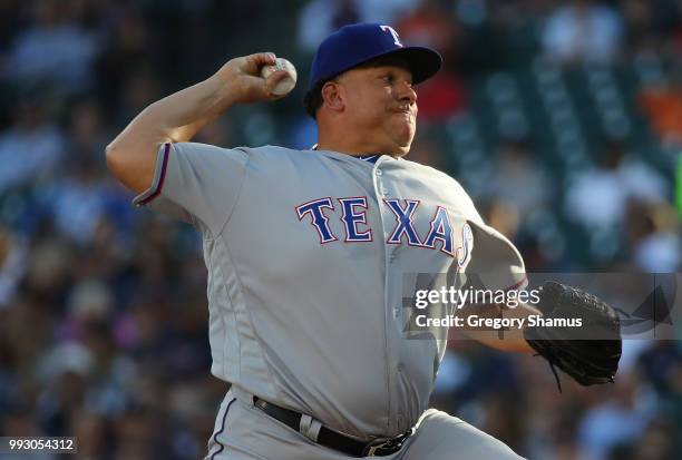 Bartolo Colon of the Texas Rangers throws a first inning pitch while playing the Detroit Tigers at Comerica Park on July 6, 2018 in Detroit, Michigan.