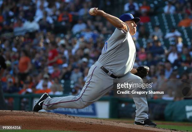 Bartolo Colon of the Texas Rangers throws a first inning pitch while playing the Detroit Tigers at Comerica Park on July 6, 2018 in Detroit, Michigan.