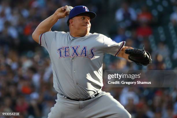 Bartolo Colon of the Texas Rangers throws a first inning pitch while playing the Detroit Tigers at Comerica Park on July 6, 2018 in Detroit, Michigan.